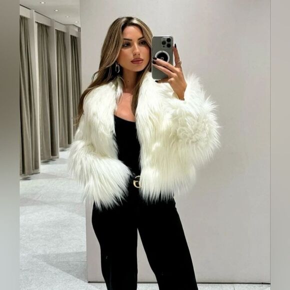 Zara Faux Fur Cardigan Lapel Collar Jacket White Nwt - Picture 7 of 16